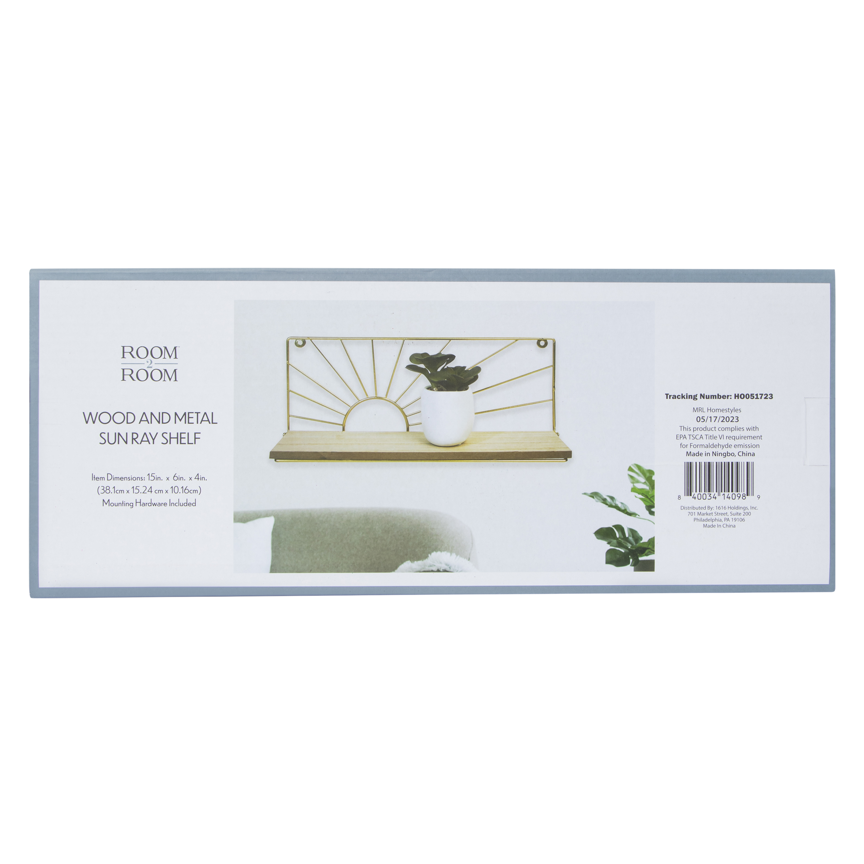 Wood & Metal Sun Ray Shelf 15in X 6in