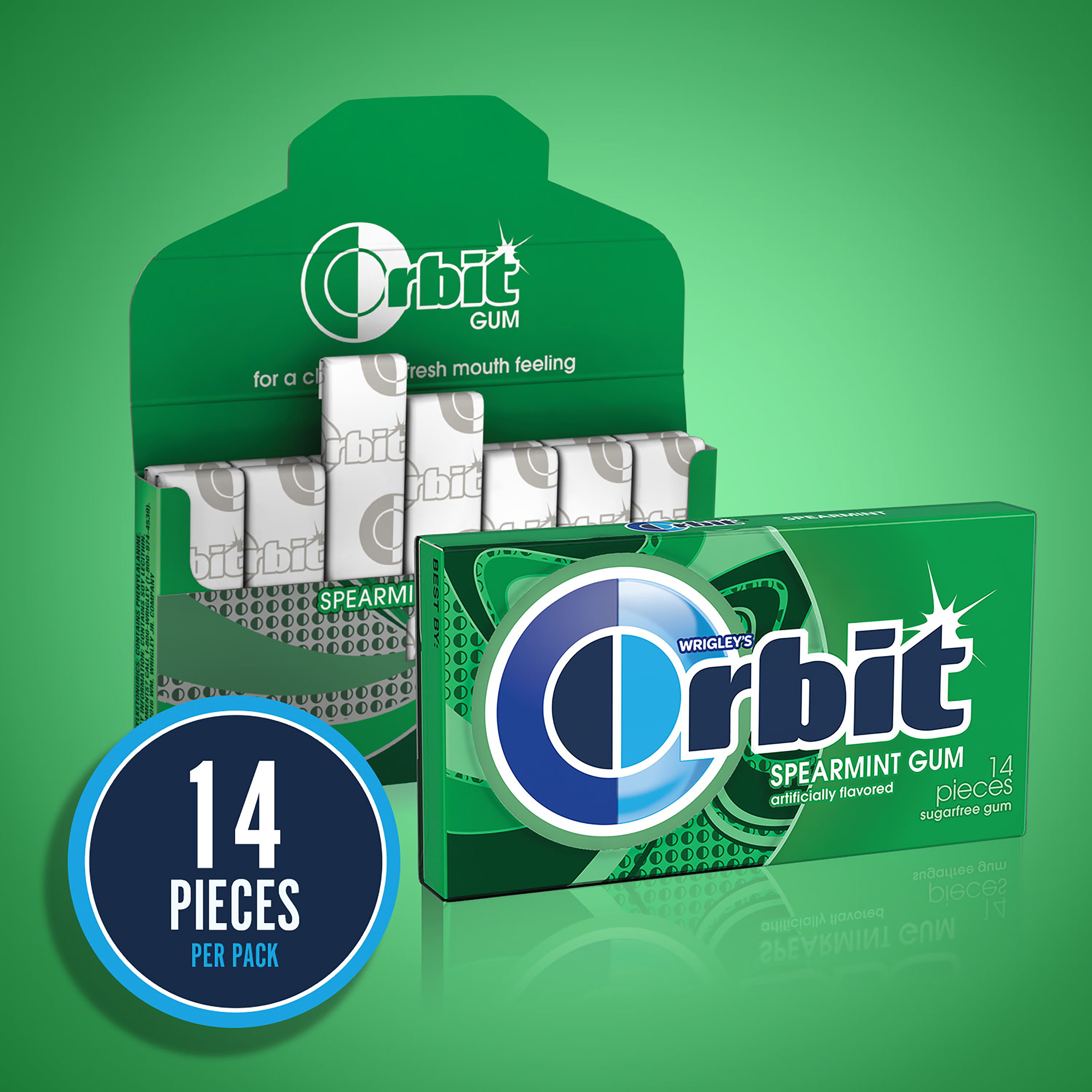 ORBIT Gum Spearmint Sugar Free Chewing Gum, Single Pack, 14 Piece