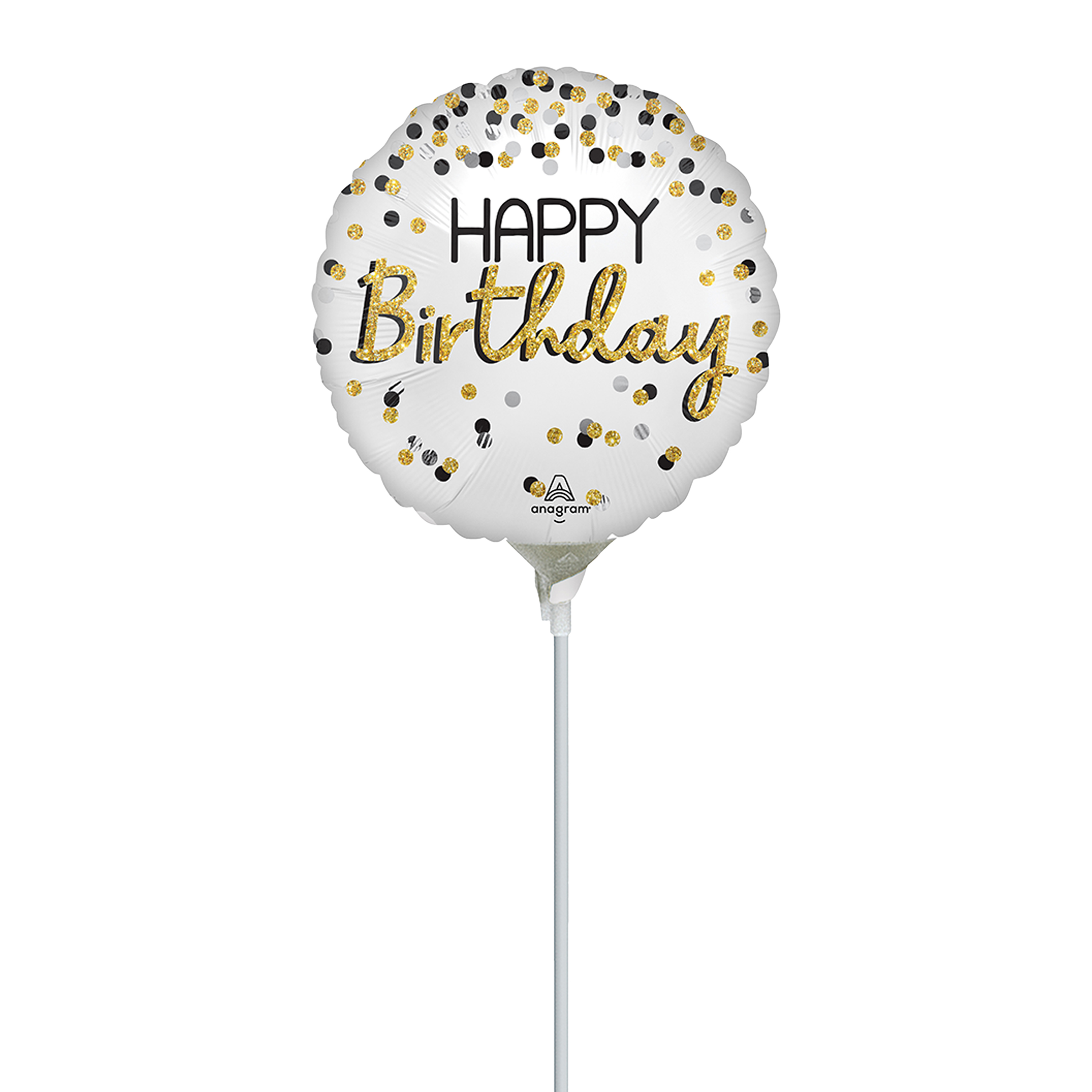 Happy Birthday Confetti Pre-Inflated Stick Balloon 9in