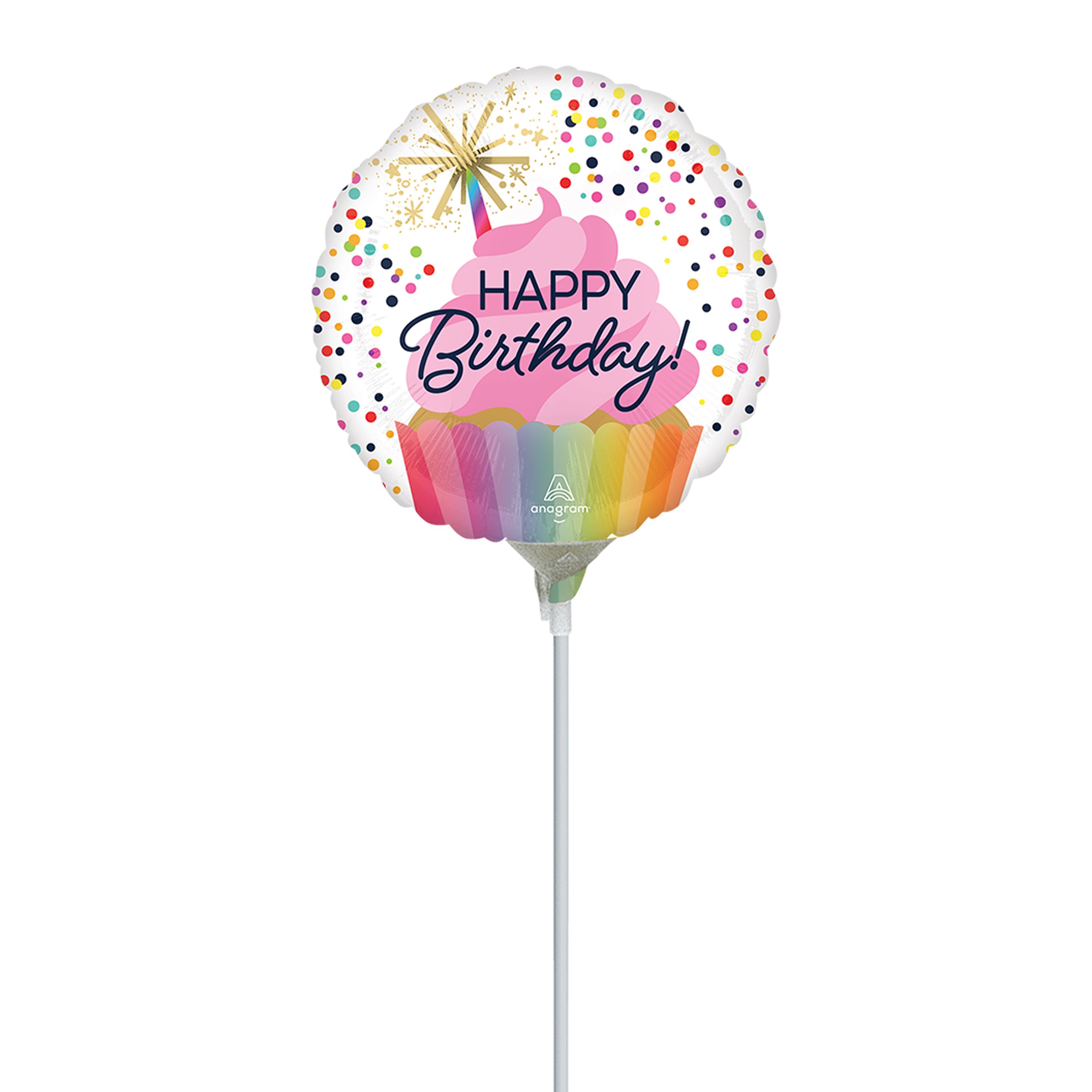 Happy Birthday Cupcake Sprinkles Pre-Inflated Stick Balloon 9in
