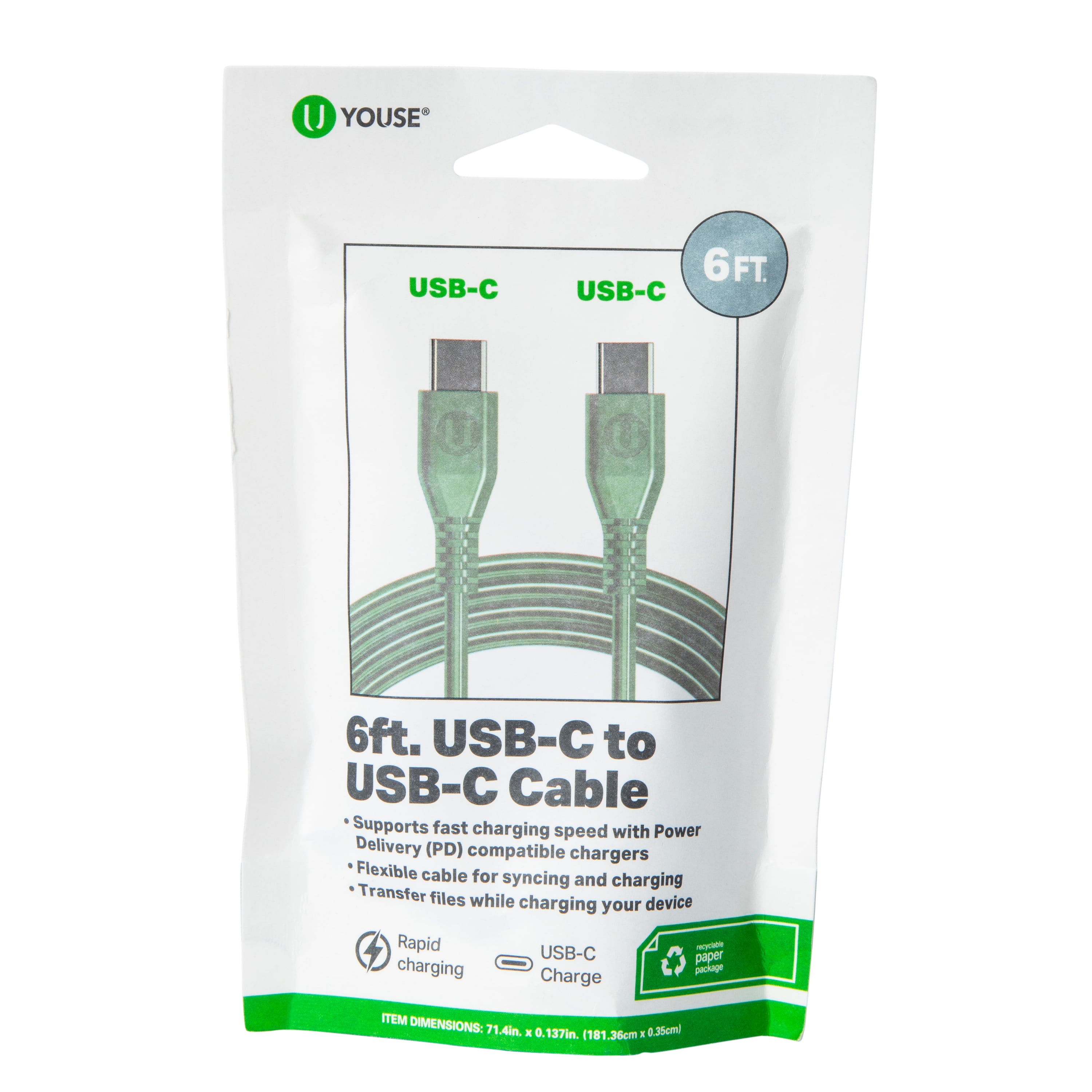Cable USB-C a USB-C u youse 6 pies pa Cargar y Pasar Data Rapido 2