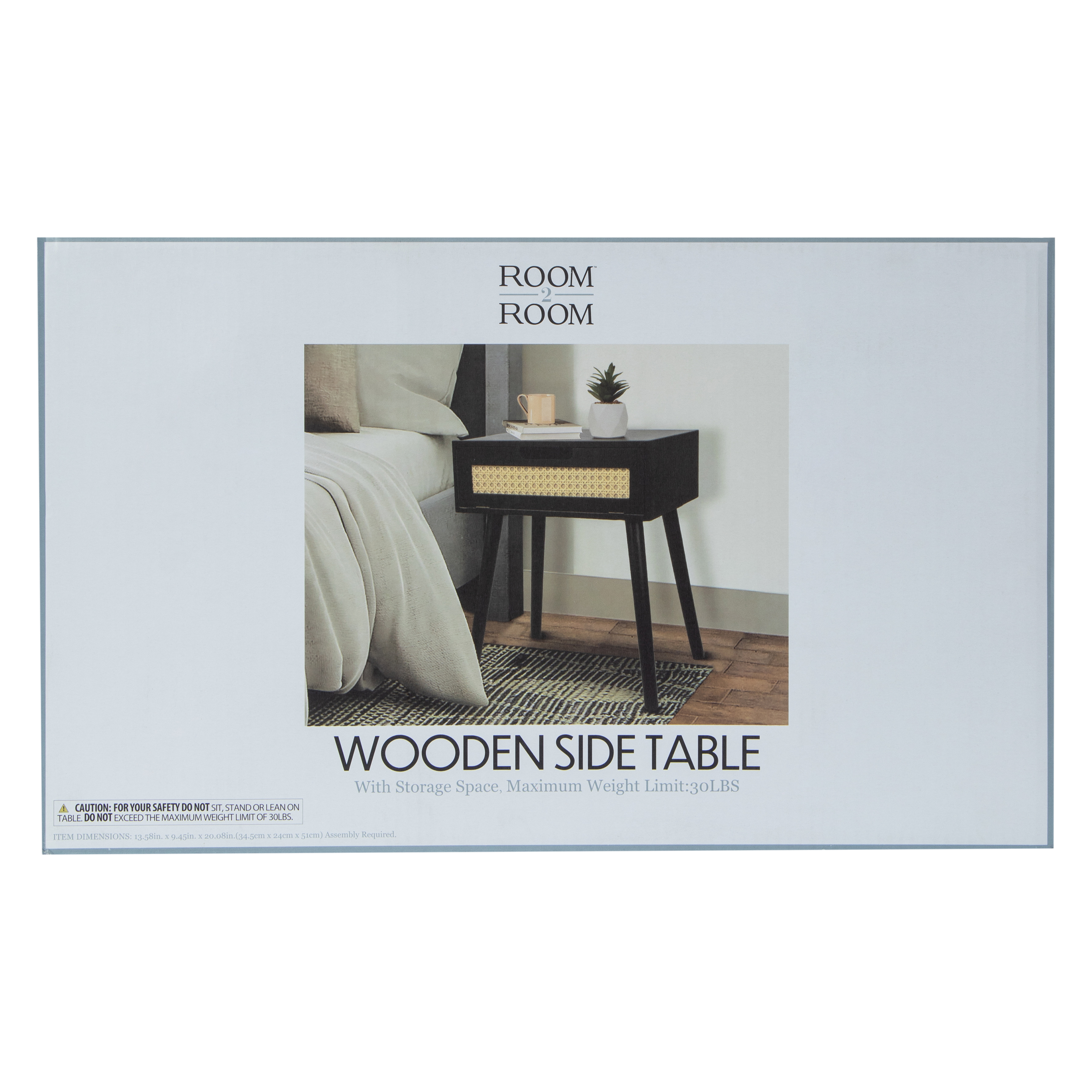 Wooden Side Table With Rattan Cane Accent 20in x 13.58in