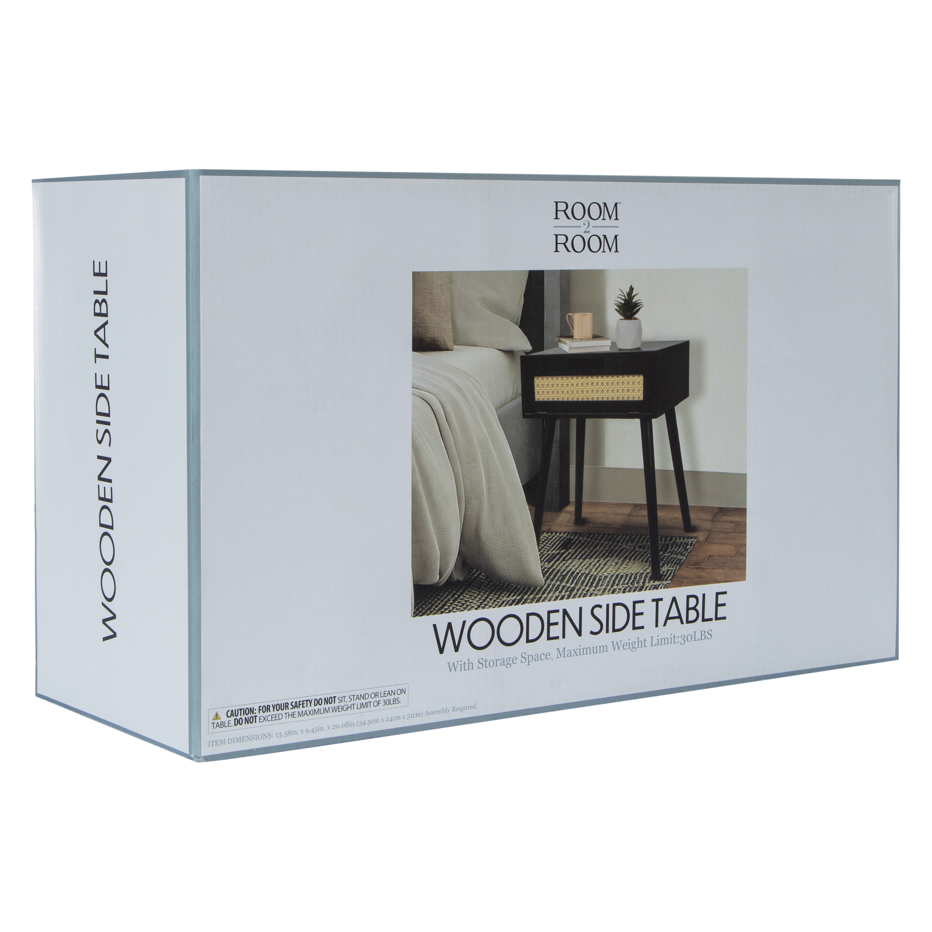 Wooden Side Table With Rattan Cane Accent 20in x 13.58in