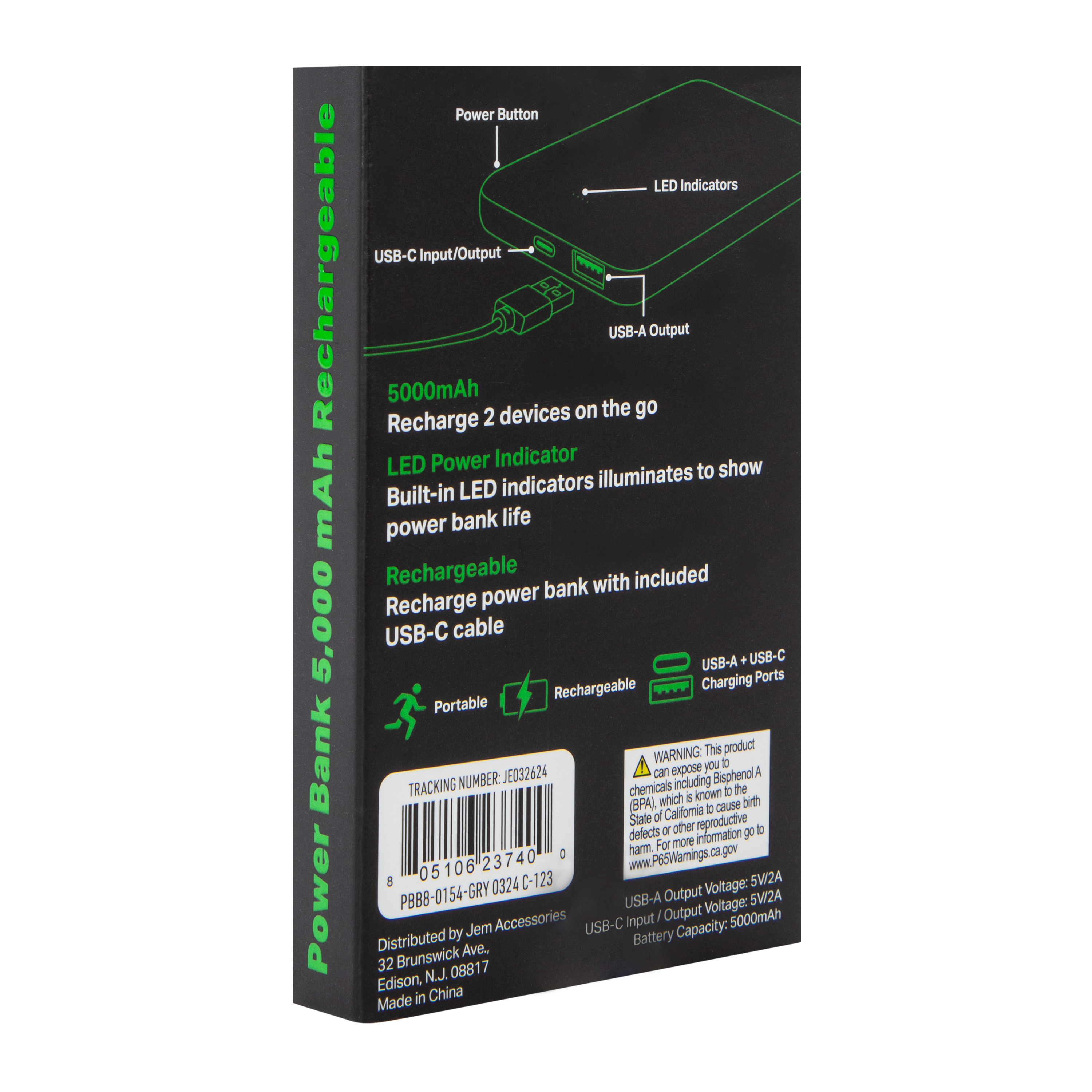5000mAh Slim Solid Rechargeable Power Bank