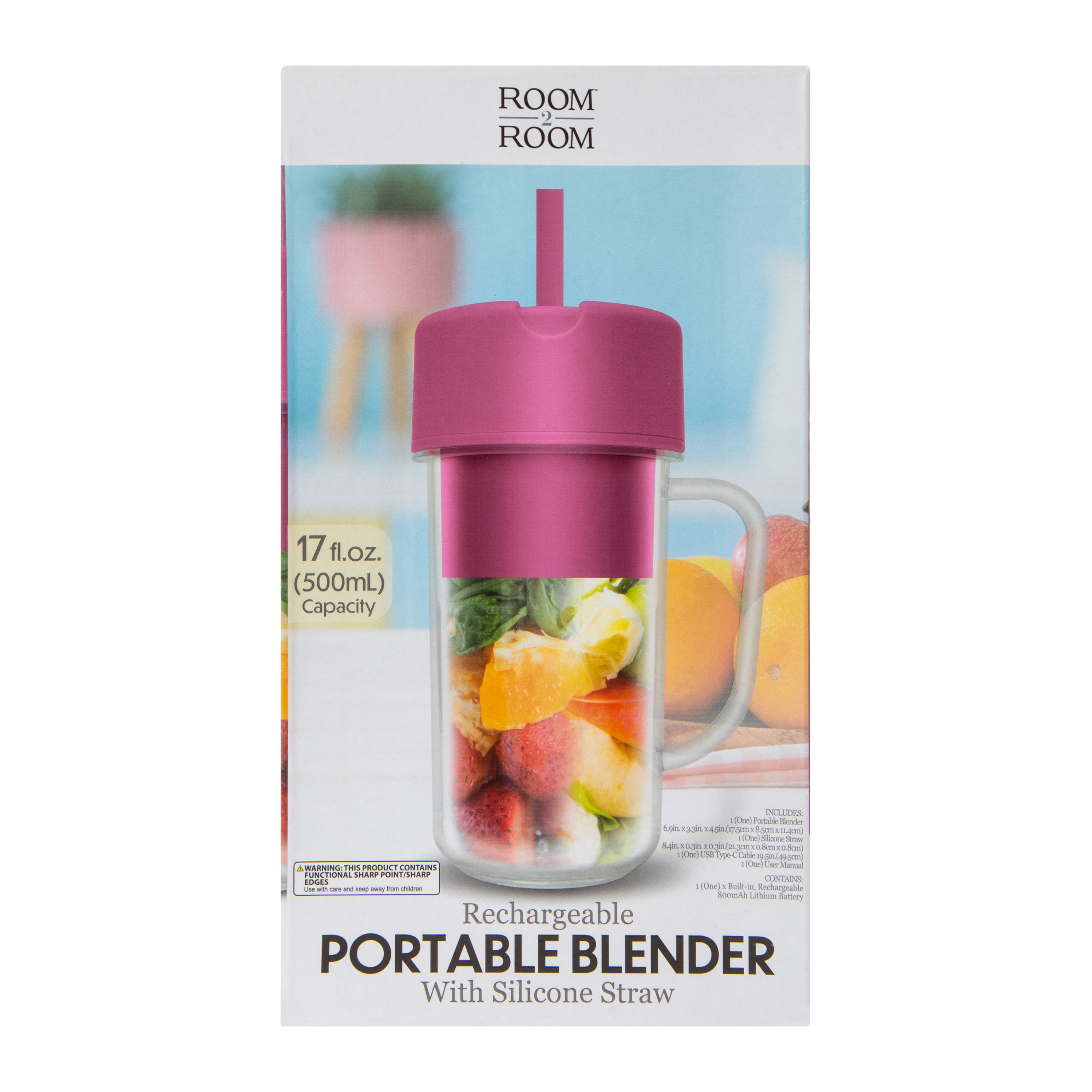 Rechargeable Portable Blender With Handle & Silicone Straw 17oz