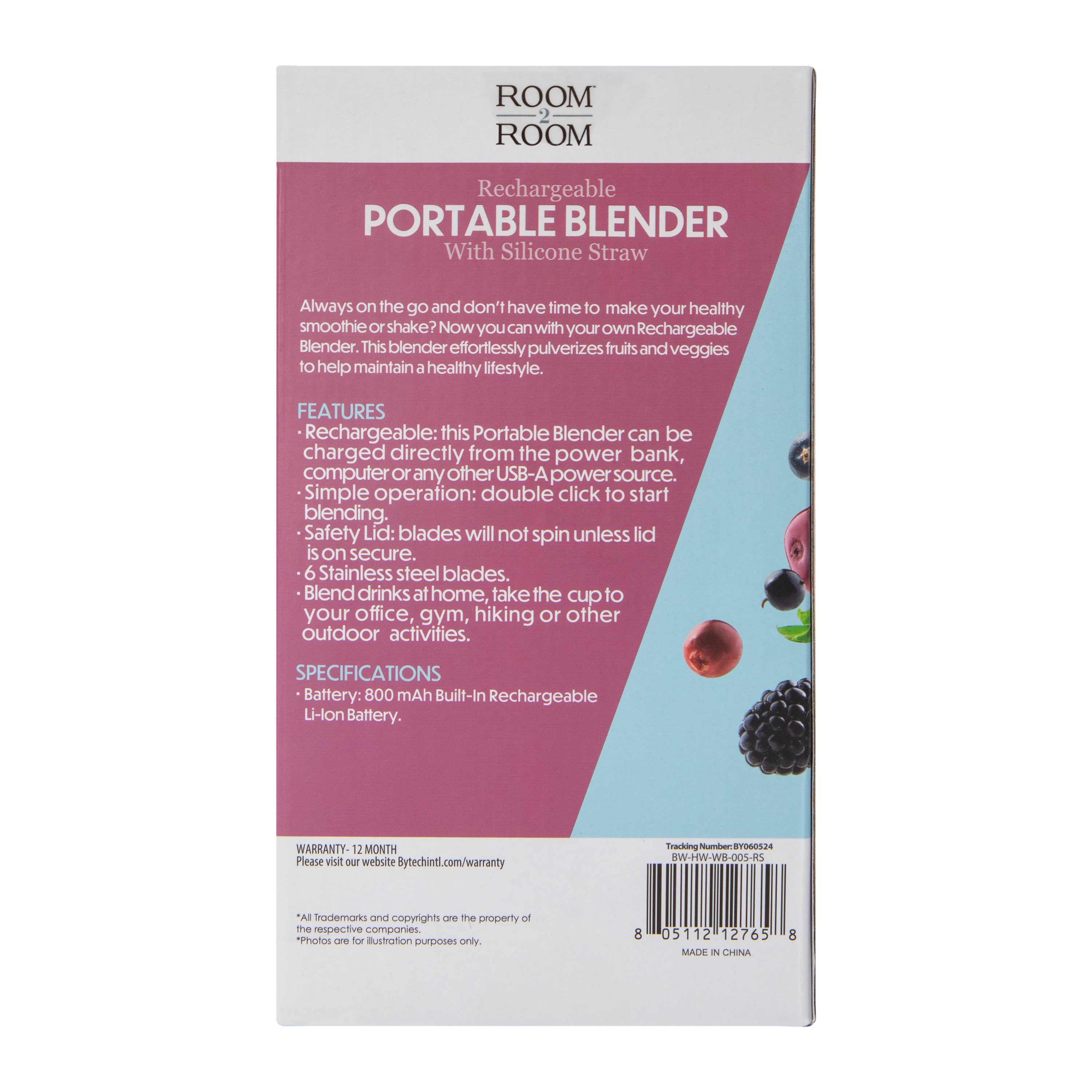 Rechargeable Portable Blender With Handle & Silicone Straw 17oz