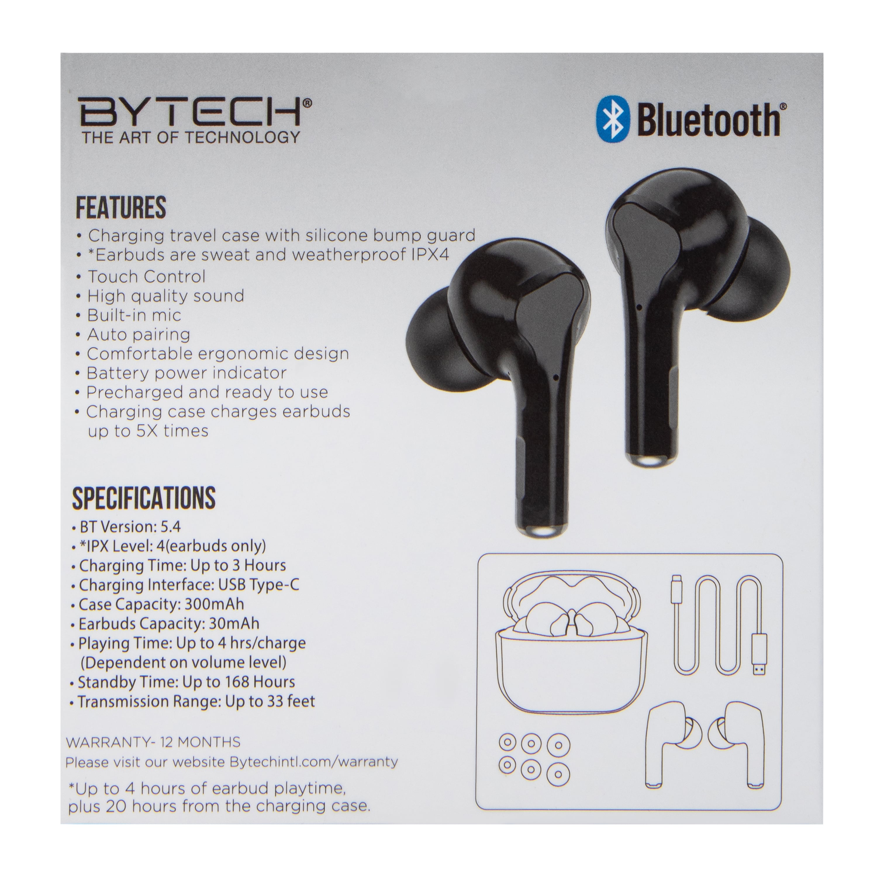24-Hour True Wireless Earbuds With Mic & Case