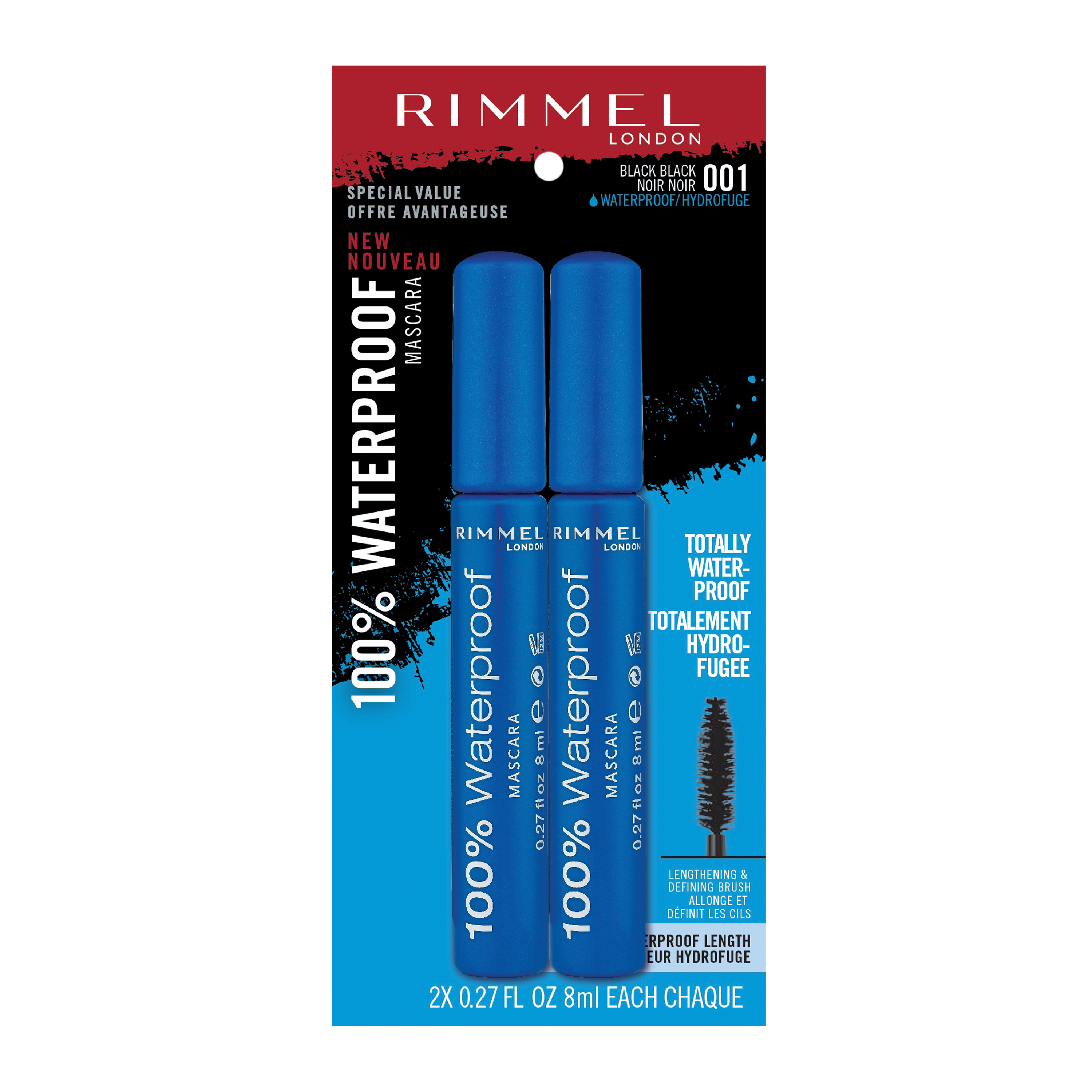 Rimmel London 100% Waterproof Mascara, 001 Black Black, 2 -Pack