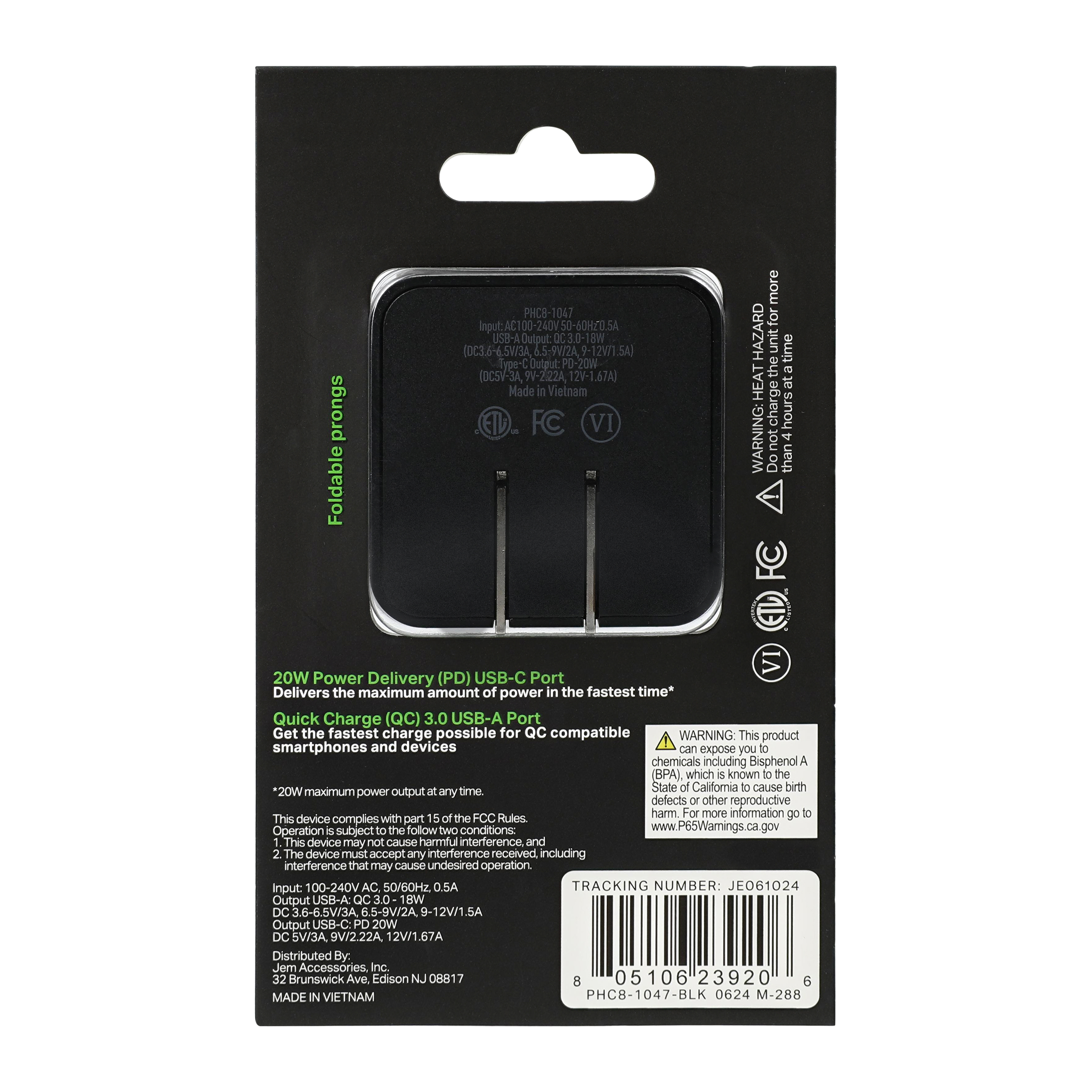 20W Power Delivery & Quick Charge USB-C USB Dual Port Wall Charger