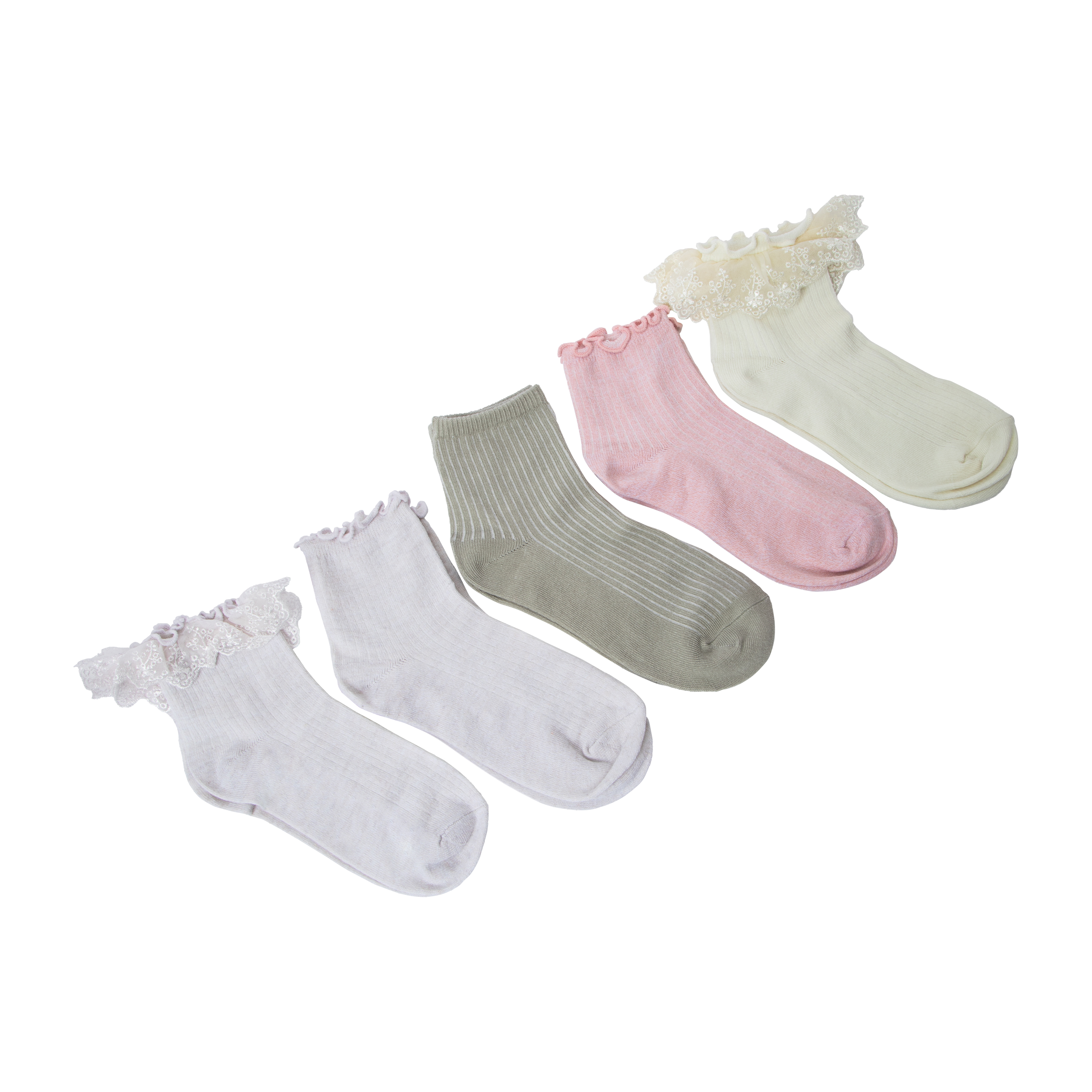 Girls Ribbed Lettuce Lace High Quarter Socks 5-Pairs