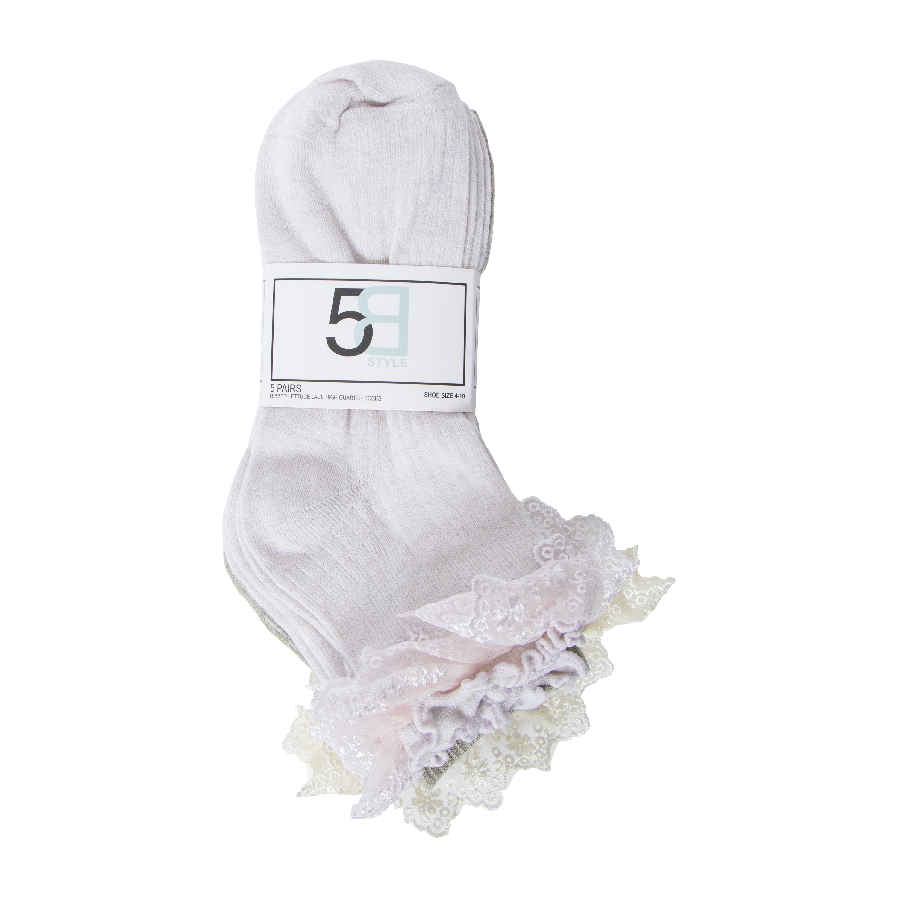 Girls Ribbed Lettuce Lace High Quarter Socks 5-Pairs