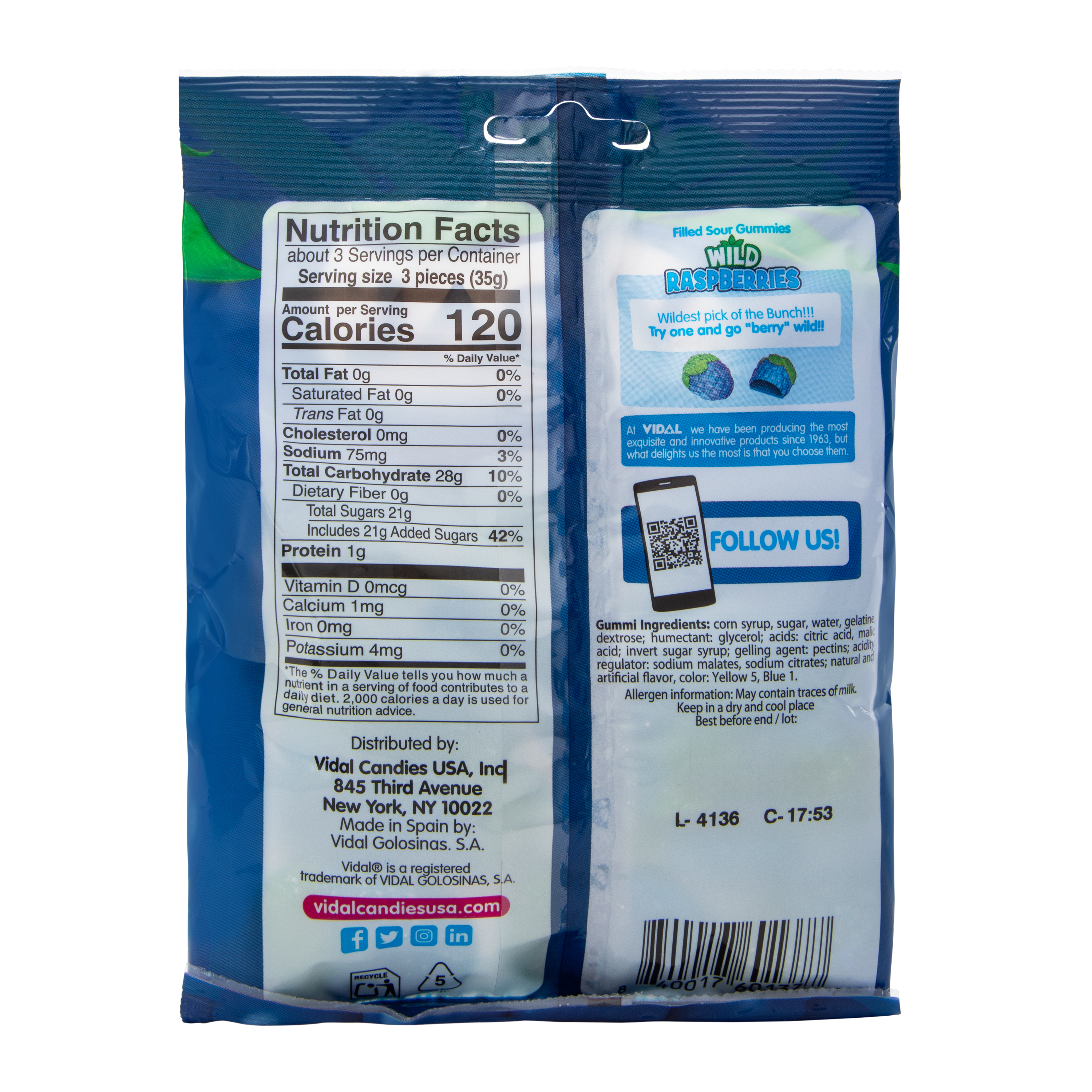 Vidal® Wild Raspberries Filled Sour Gummies 3.5oz