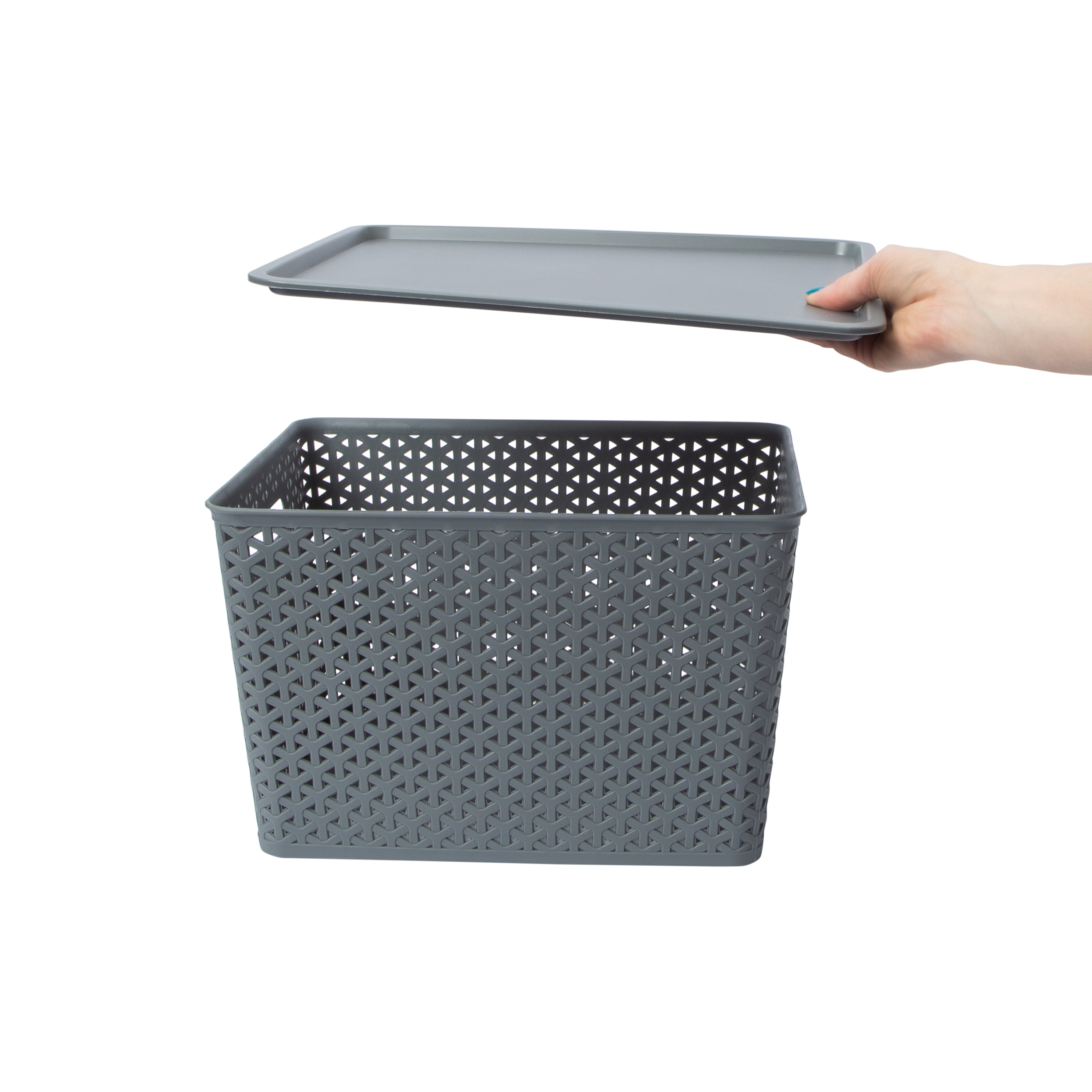 Large Plastic Weave Bin With Lid