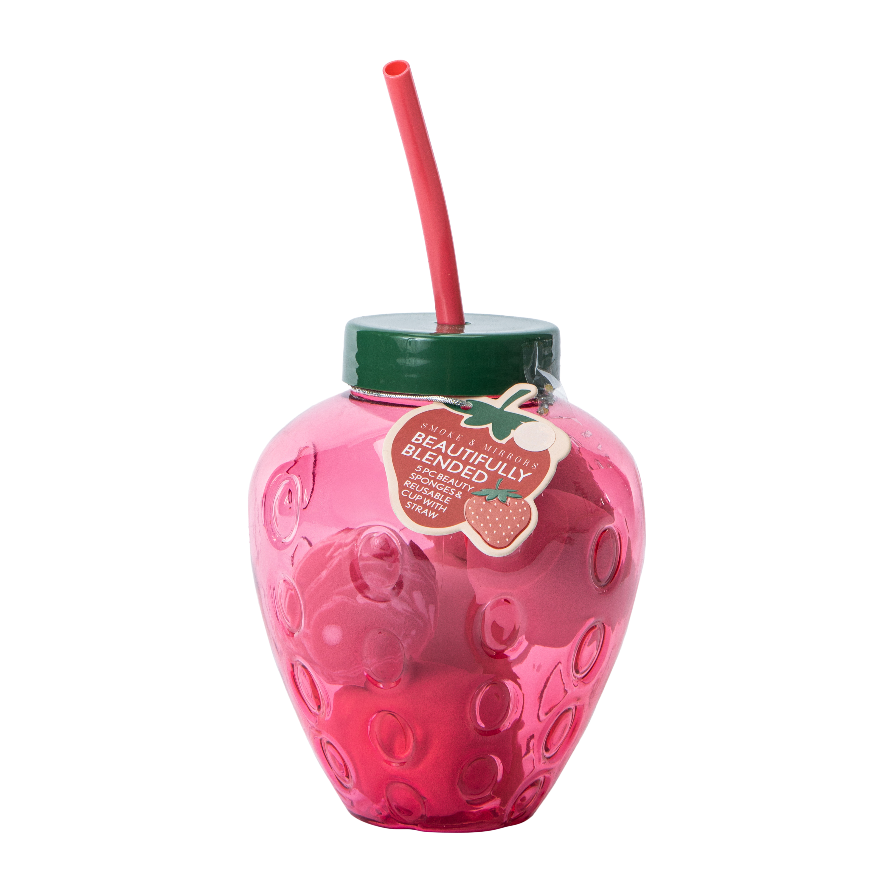 Smoke & Mirrors Strawberry Beautifully Blended Beauty Sponges & Reusable Cup With Straw 5-Count
