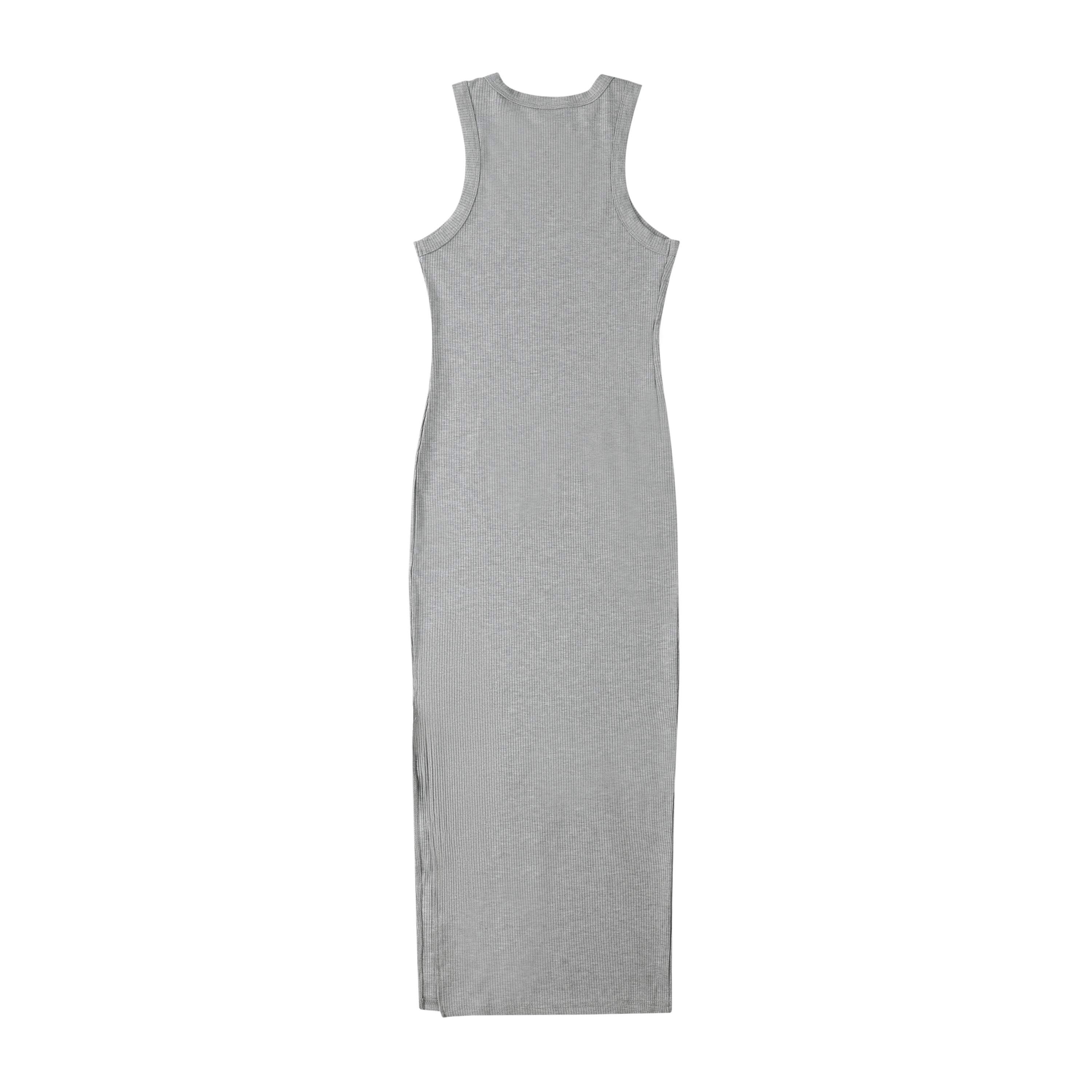 gray ribbed midi dress Women's Grey Knitted Dress, Chic Summer Midi Dress, Short Sleeve Slit Dress, Elegant Ribbed Knit, Vacation Ready, Stylish Casual Wear