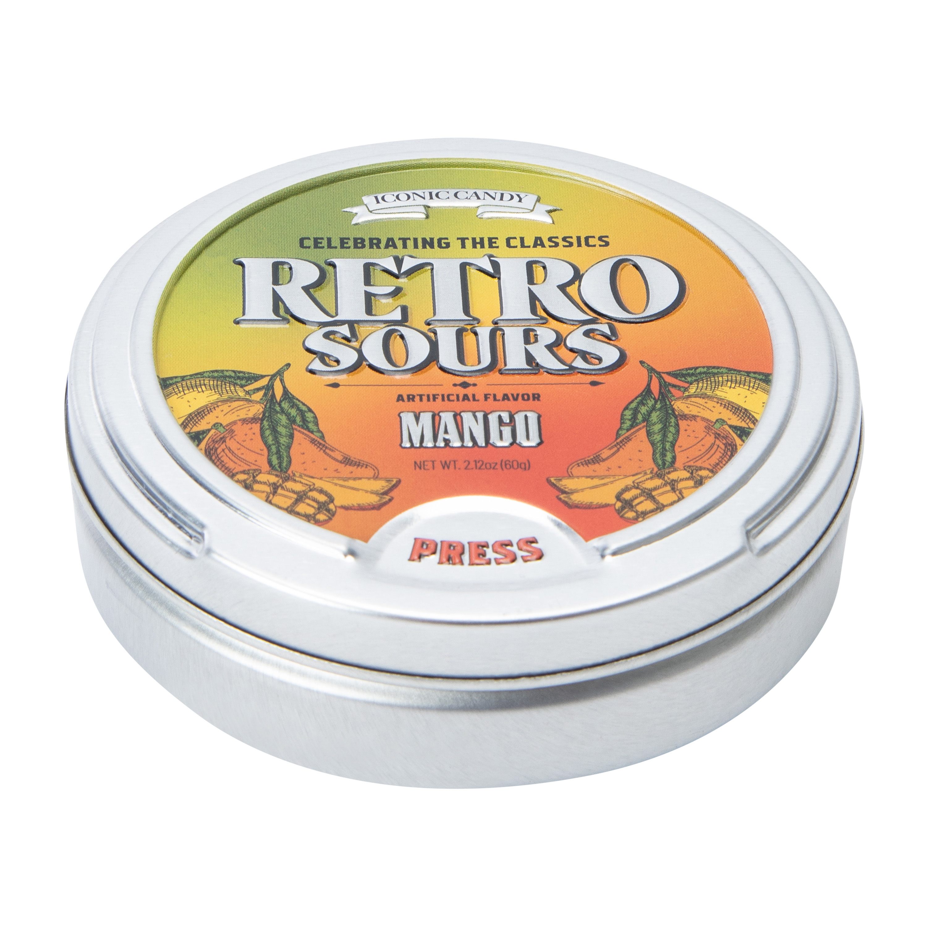 Iconic Candy Retro Sours Mango Candy Tin 2.12oz