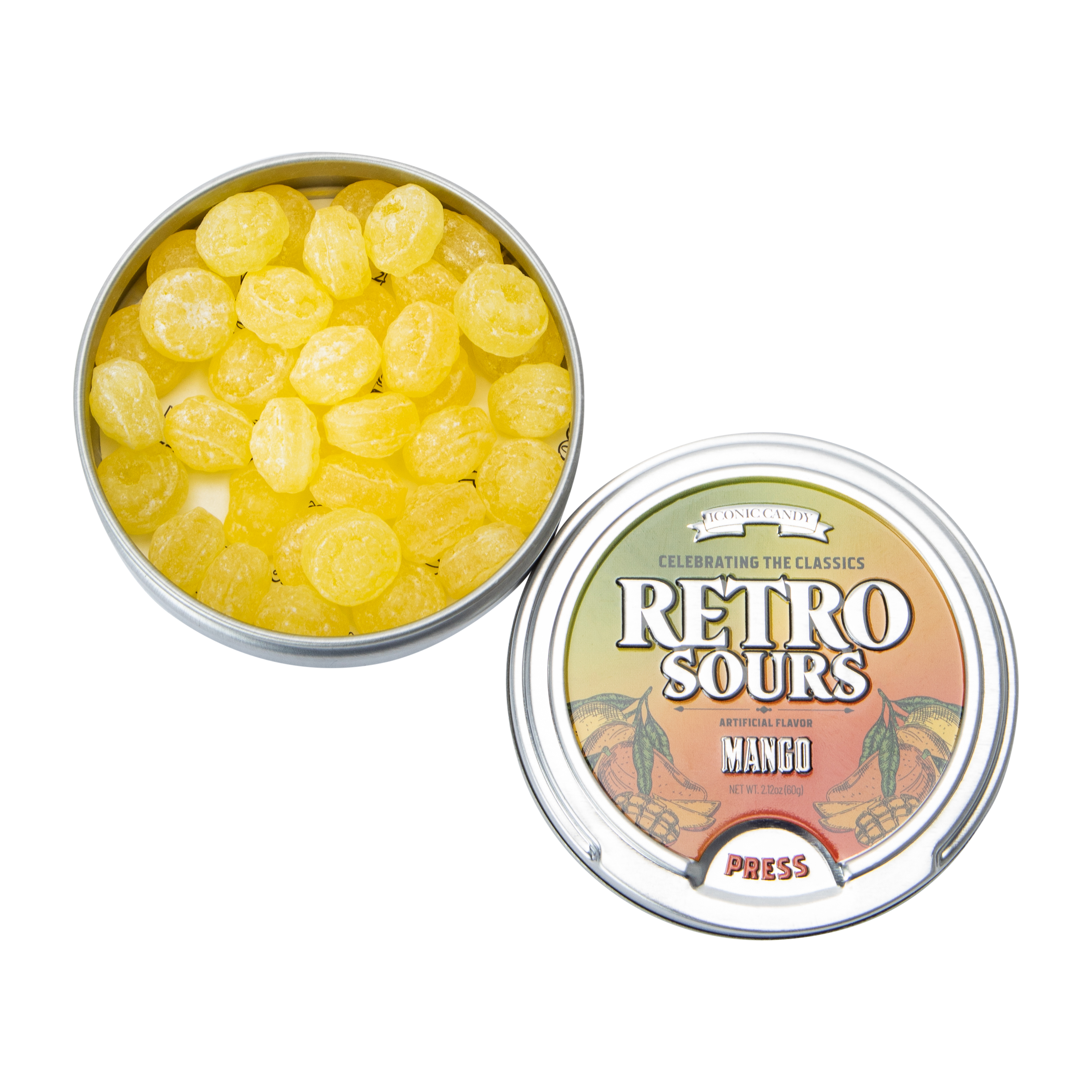 Iconic Candy Retro Sours Mango Candy Tin 2.12oz