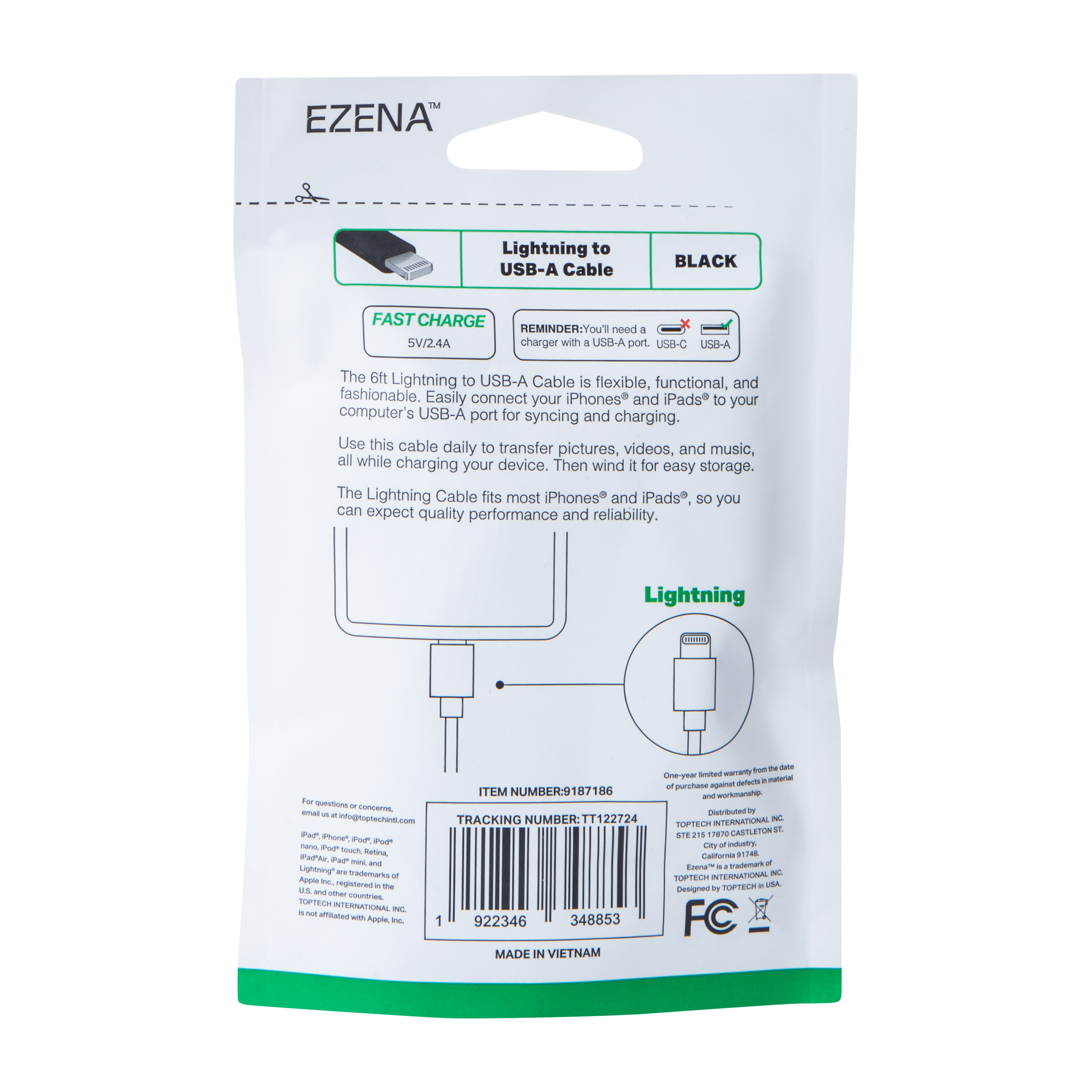 Ezena™ Lighting® To USB-A Cable 72in