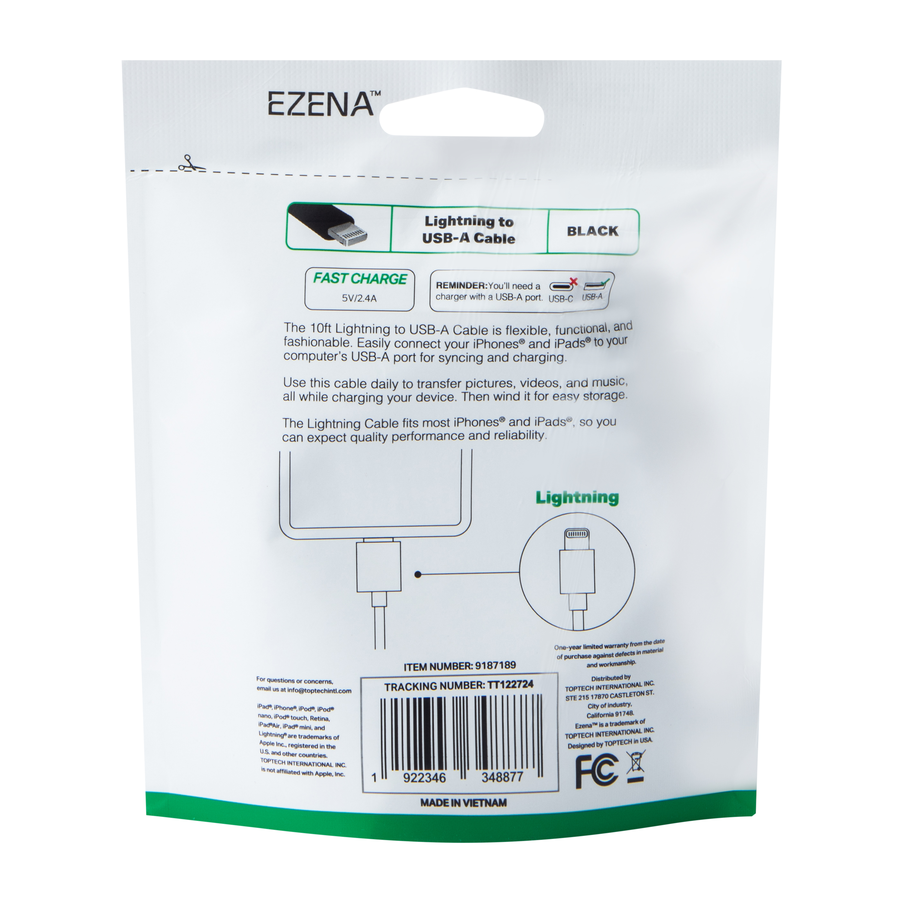 Ezena™ Lighting® To USB-A Cable 120in