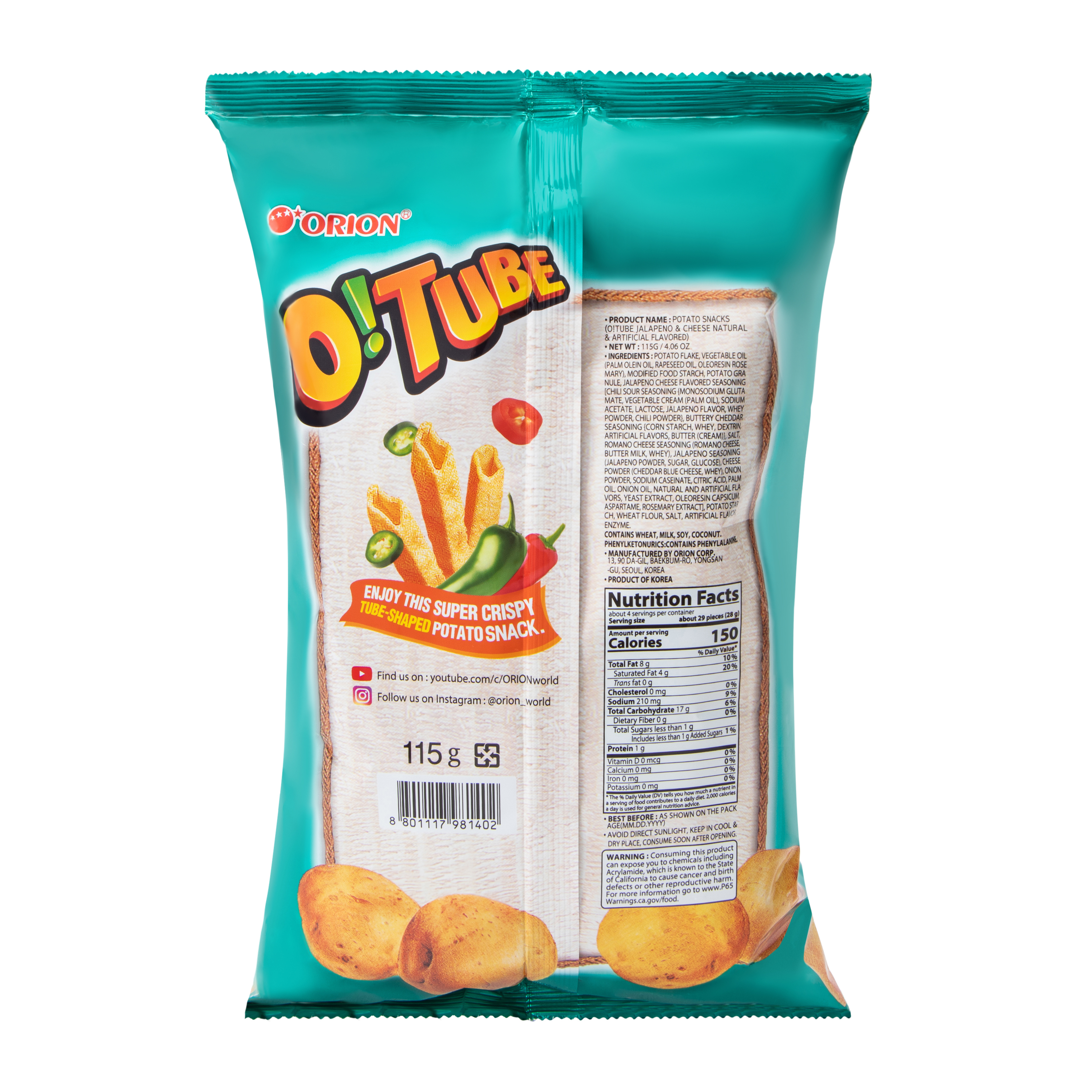 Orion® O! Tube Jalapeno & Cheese Potato Snack 4.05oz
