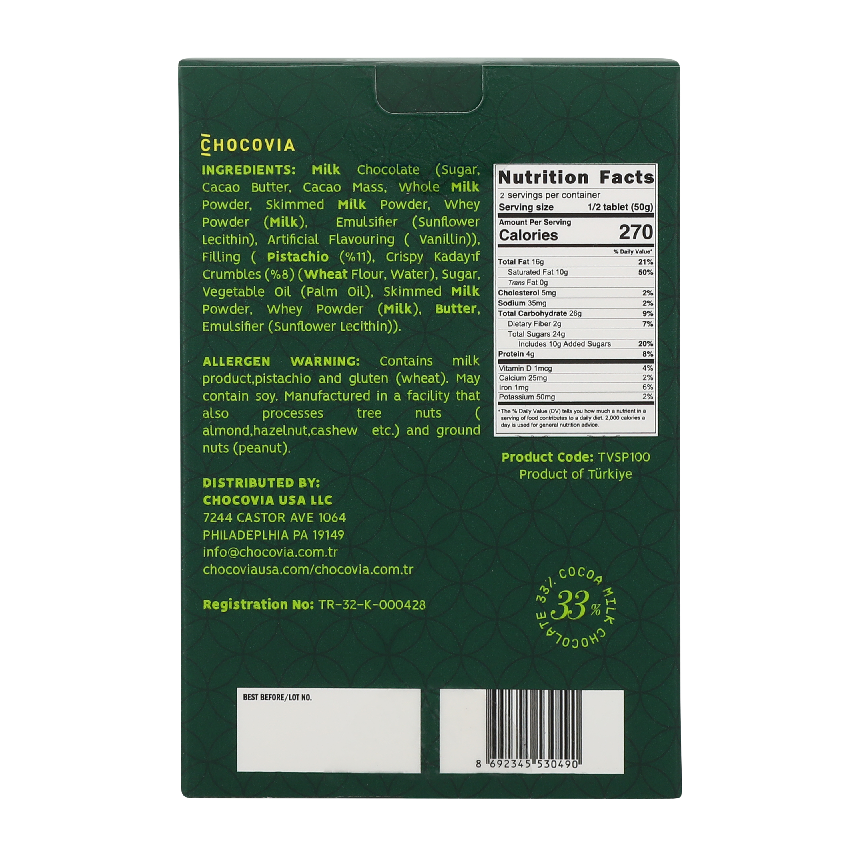 Chocovia Dubai Style Milk Chocolate 3.53oz