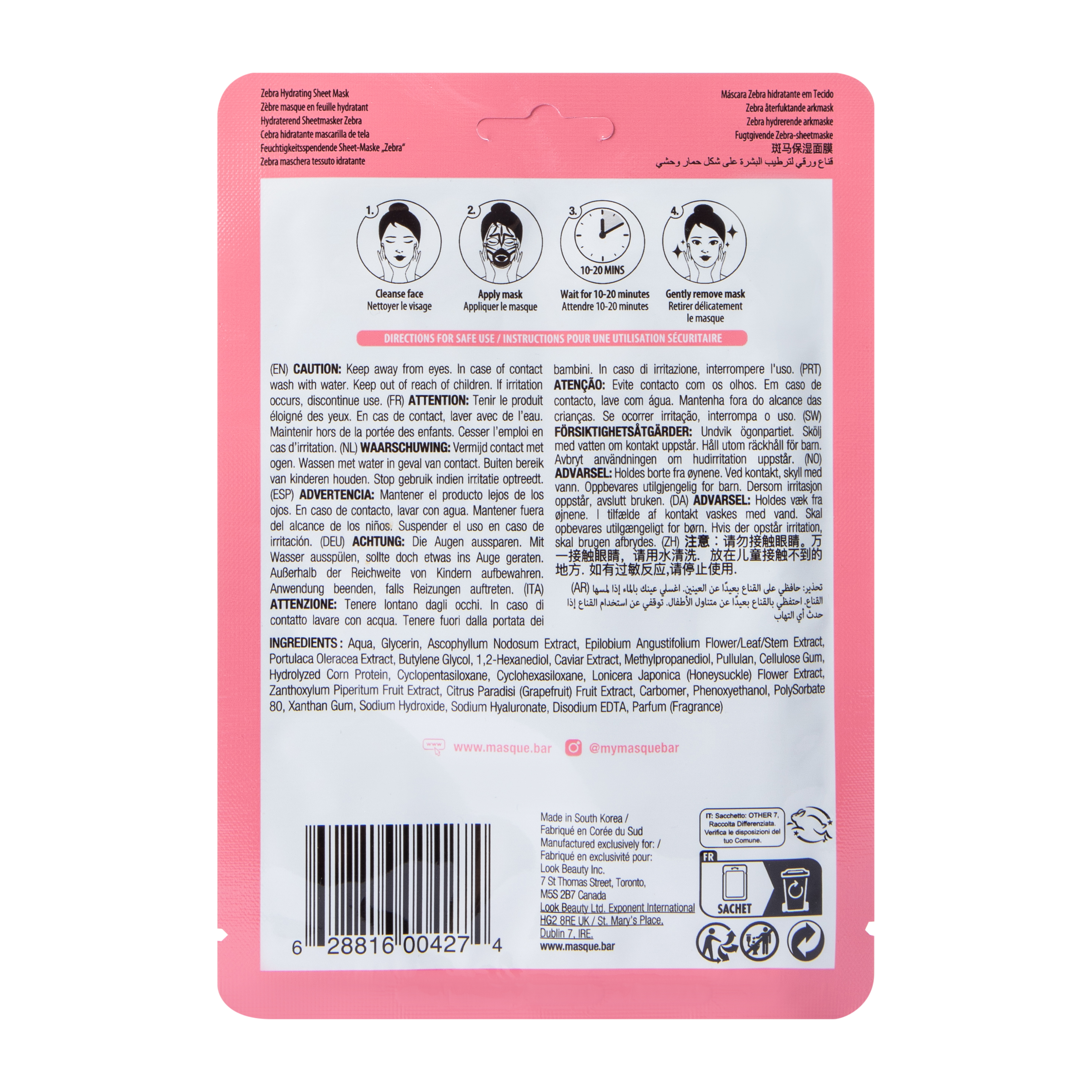 Pretty Animalz By Masque B.A.R™ Zebra Hydrating Mask Sheet