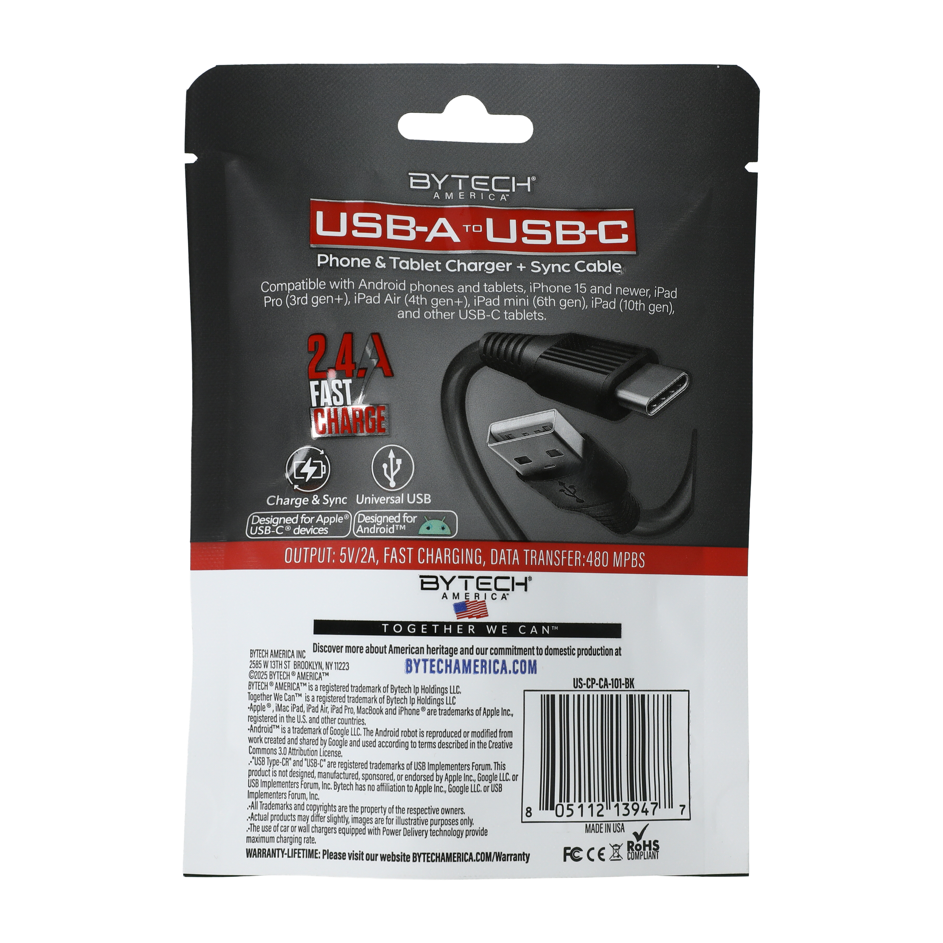 Bytech® USB-A To USB-C Phone & Tablet Charger + Cable