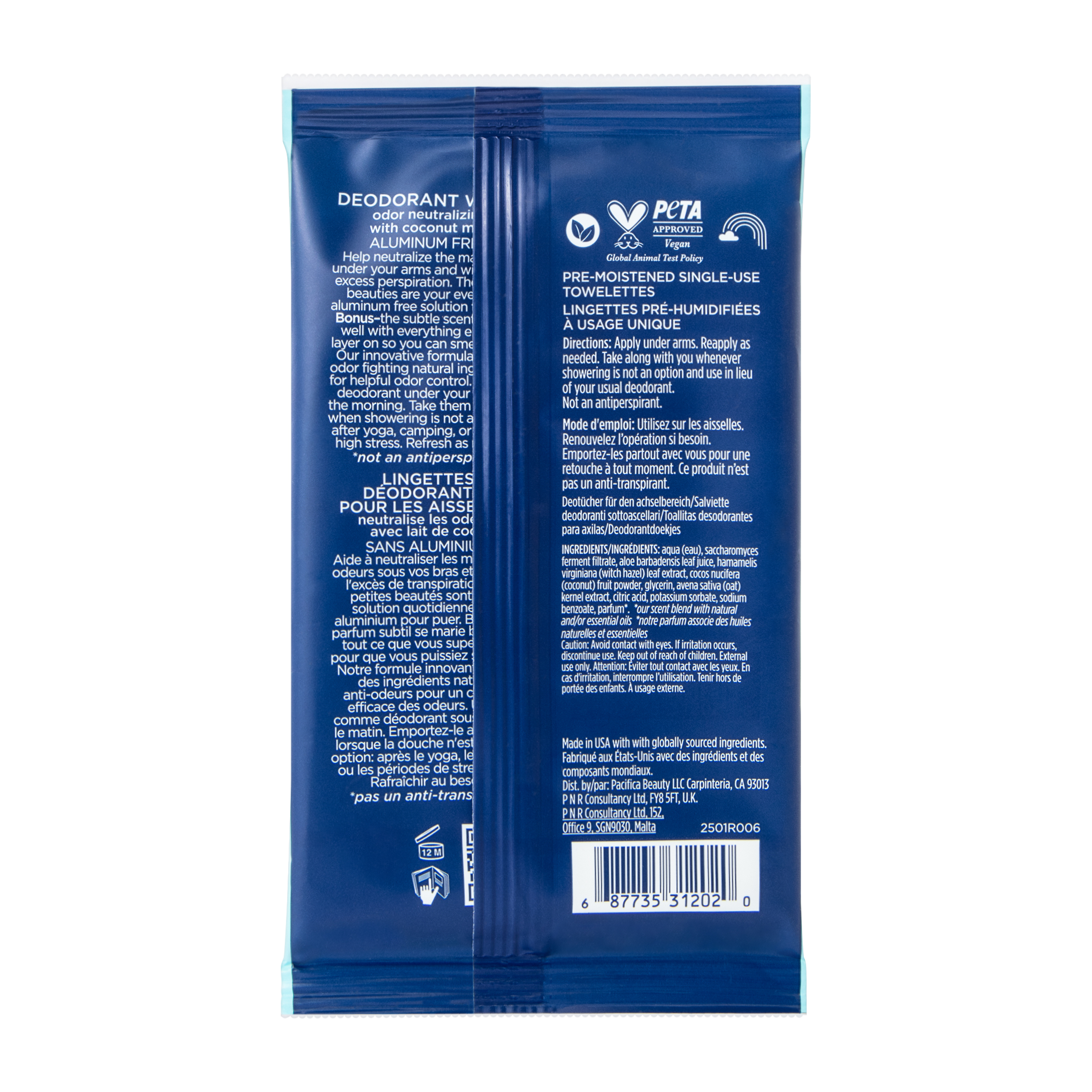 Pacifica Coconut Underarm Deodorant Odor Neutralizing Wipes 10-Count