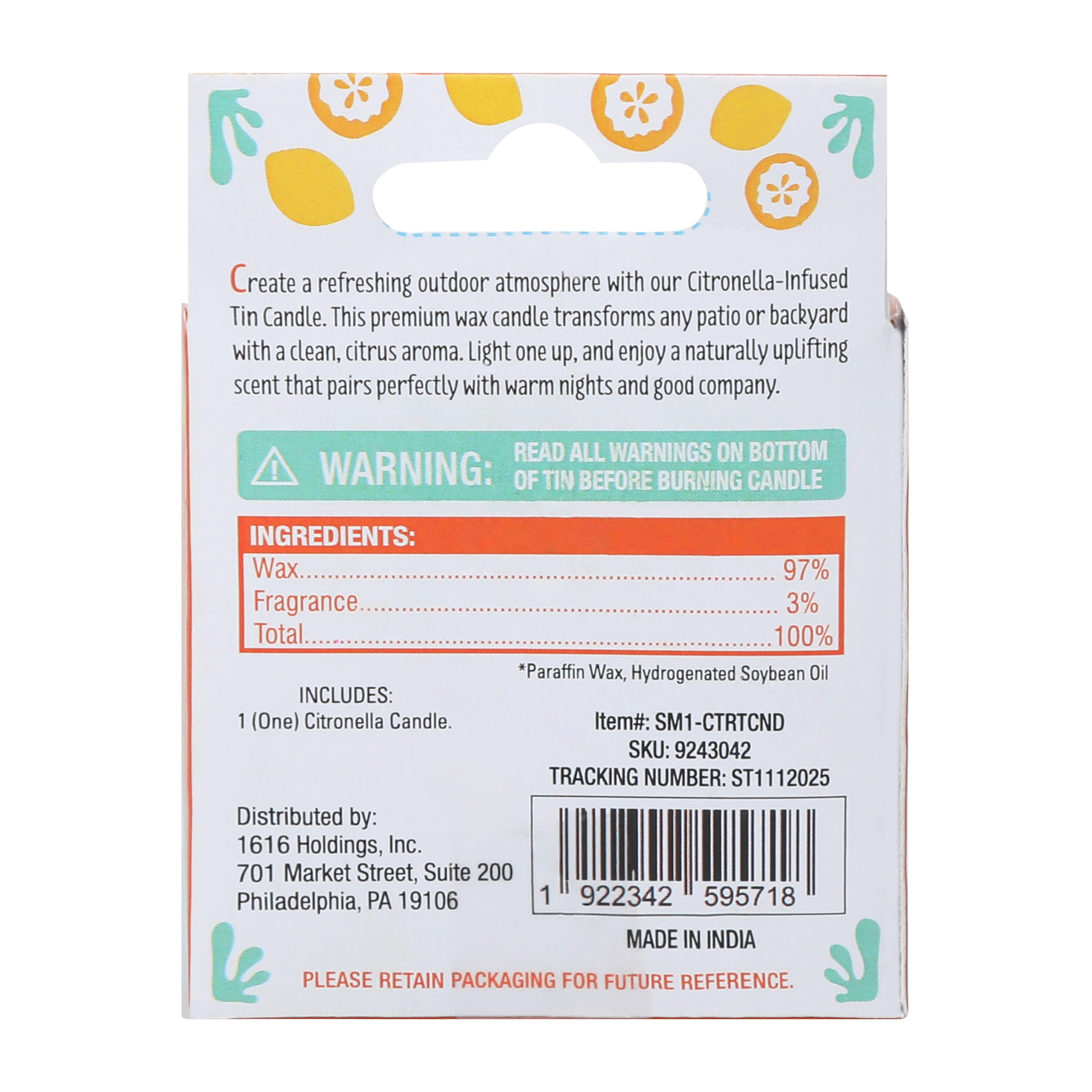 Citronella Infused Tin Candle 2oz